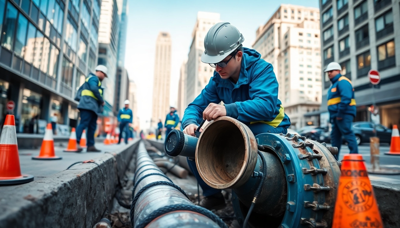 Sewer repair durham with professionals inspecting urban sewer lines in a bright setting.