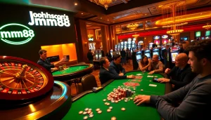 Experience mm88 at an electrifying casino scene featuring poker and roulette action.
