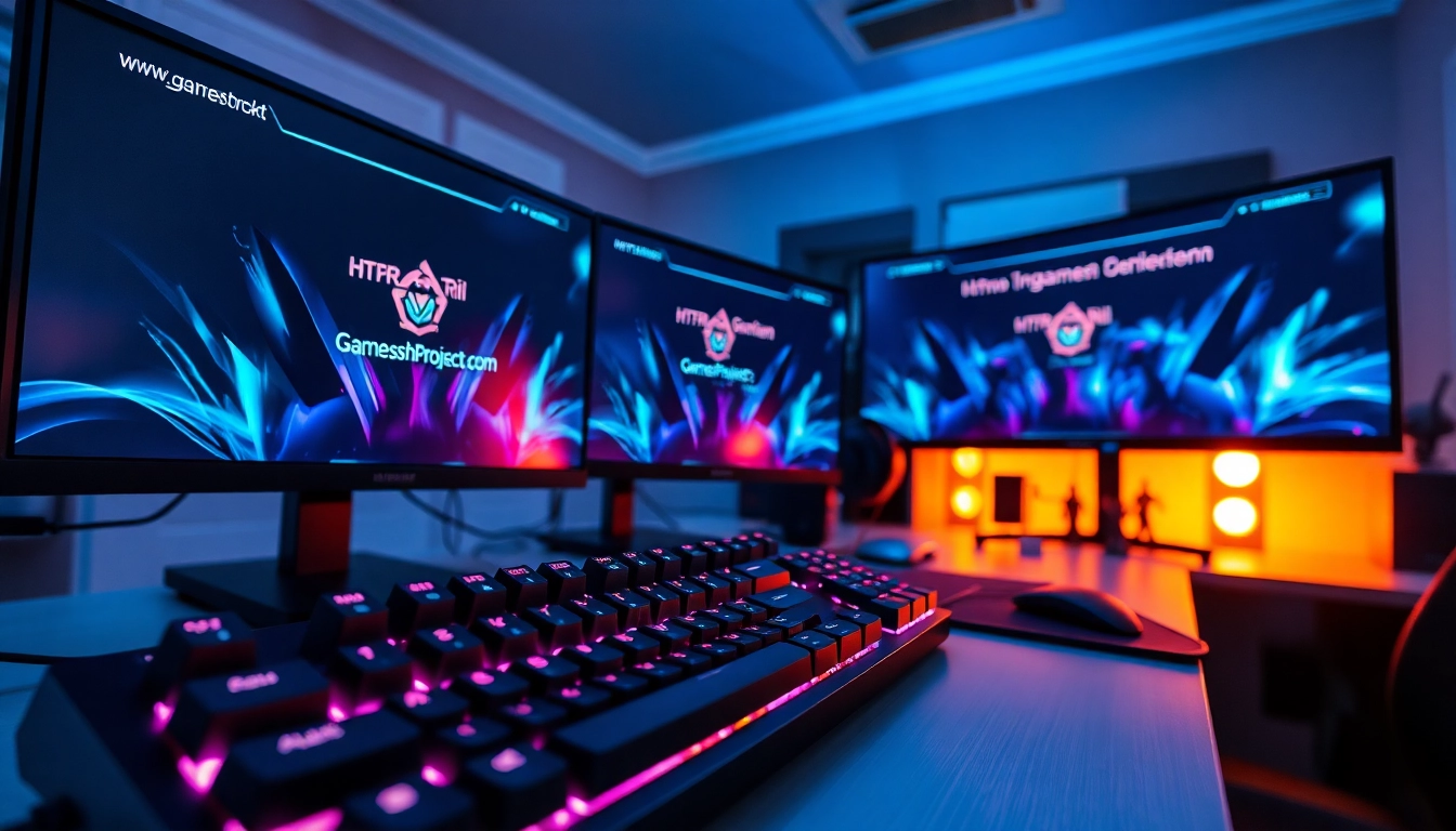 Explore https://www.trilgameshproject.com through a dynamic gaming setup showcasing vibrant monitors and RGB lighting.