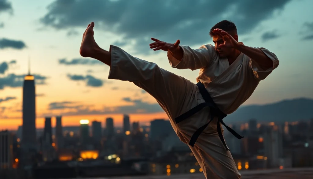 Capture the intensity of Martial Arts Thriller with a fighter in action against a dramatic city backdrop.