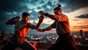 Action-packed martial arts thriller scene showcasing intense battle moves.