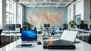Showcase technology workspace filled with modern devices and collaborative energy.