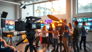 Engaging moment in Video Production showcasing a professional team collaborating in a vibrant studio.