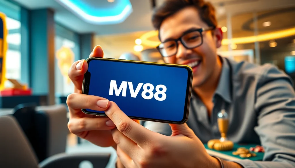 MV88 online gambling app displayed on a smartphone with a user engaged.