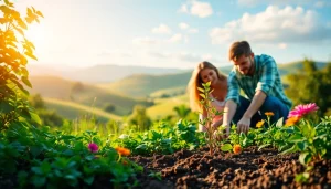 Engage with sustainability by visiting https://www.unsustainablemagazine.com, showcasing a couple planting a tree in a verdant landscape.