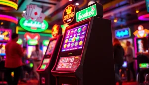 Mainkan slot mesin berwarna cerah dengan simbol buah di kasino modern, memikat dan menarik.