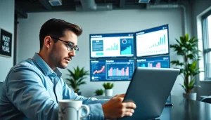 Engaging analysis of an smm panel by a digital marketing expert in a vibrant office.