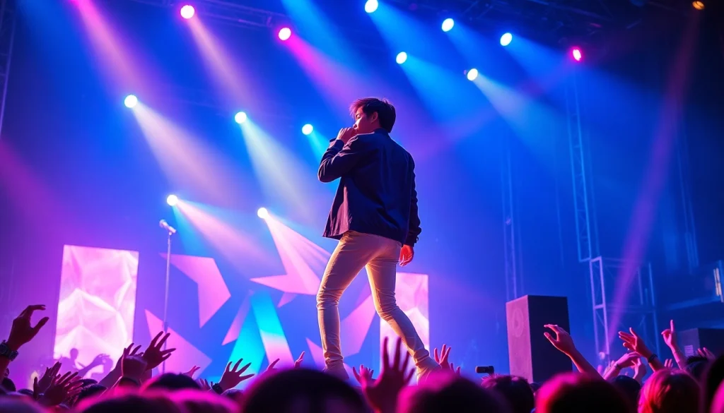 Catch the electrifying performance on https://www.kpopangel.com with vibrant lights and fans in action.