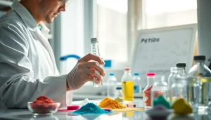 Buying peptides online in a professional laboratory environment with vibrant peptide powders.