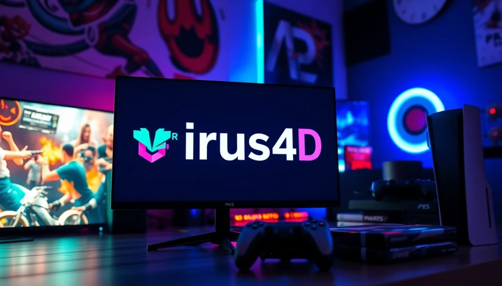 Menampilkan logo virus4d dalam pengaturan gaming modern yang penuh warna.