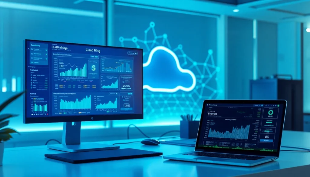 Cloud mining technology interface showcasing real-time cryptocurrency data in a modern workspace.