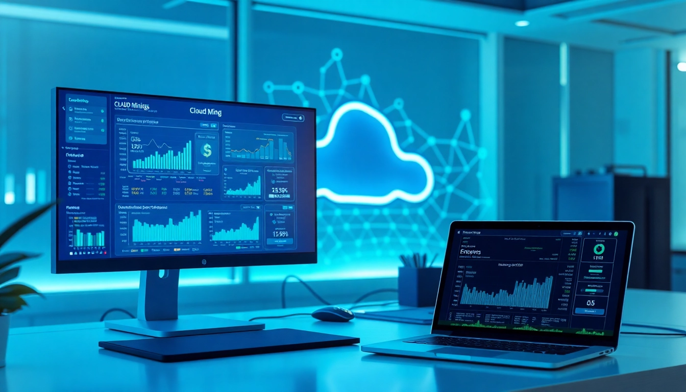 Cloud mining technology interface showcasing real-time cryptocurrency data in a modern workspace.