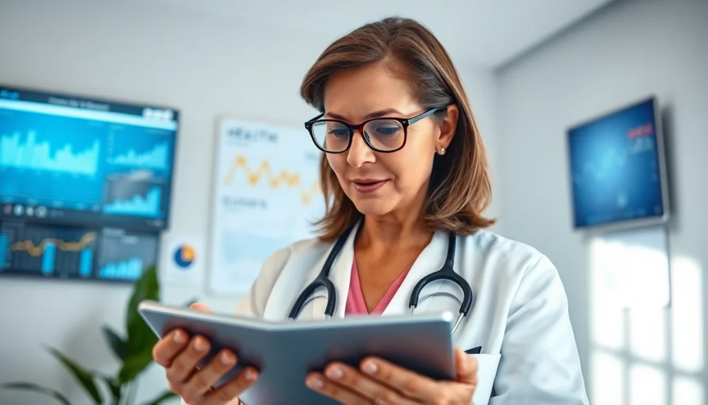 Doctor analyzing health data in a bright clinic, emphasizing Health commitment and professionalism.