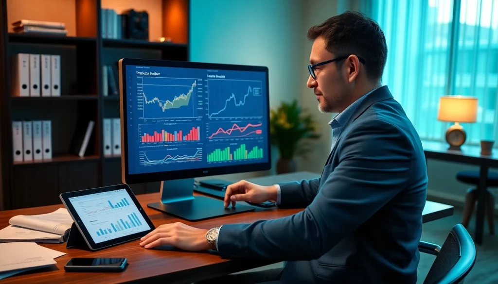 Современный финансовый профессионал изучает цифровые графики страхования и инвестиций 79KING, вызывая доверие и инновации