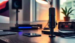 MV88 digital microphone showcased on a sleek workspace for audio recording excellence.