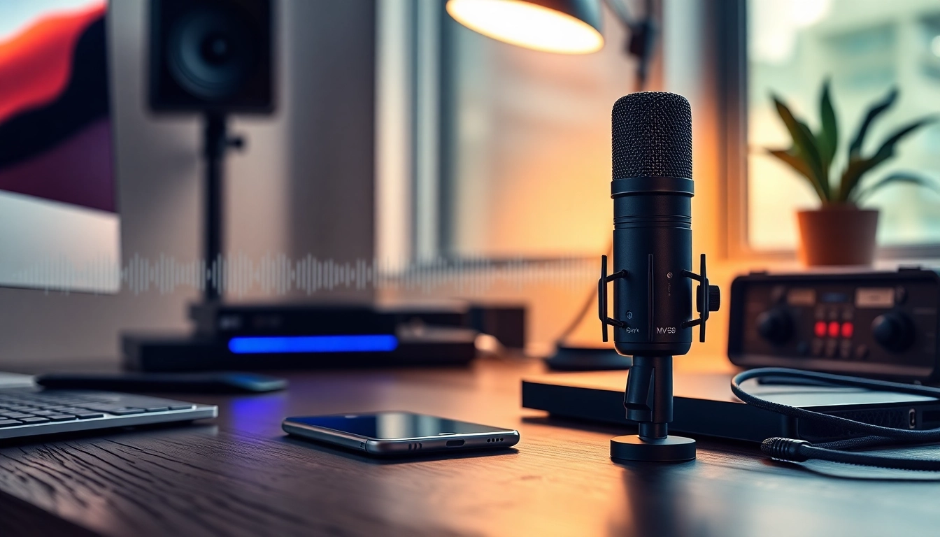 MV88 digital microphone showcased on a sleek workspace for audio recording excellence.