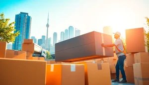 Toronto moving company team efficiently relocating furniture in a busy city environment.