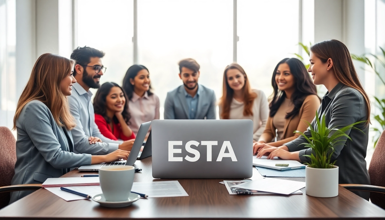 Engaging group discussion about the esta application process in a bright office environment.
