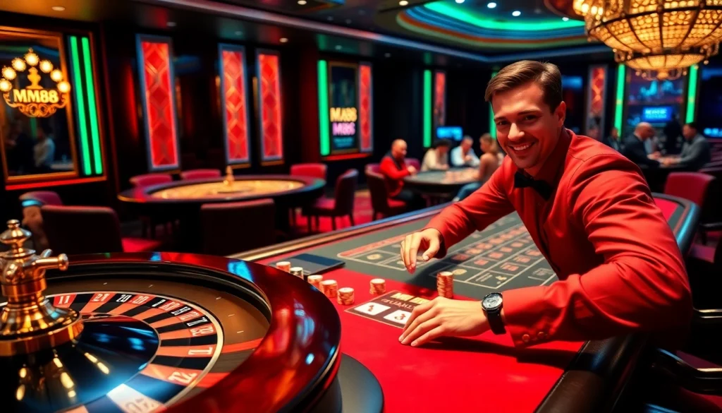 Exciting MM88 casino experience with vibrant roulette and baccarat tables.