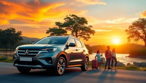 Kuching car hire adventure with a family near a scenic river at sunset