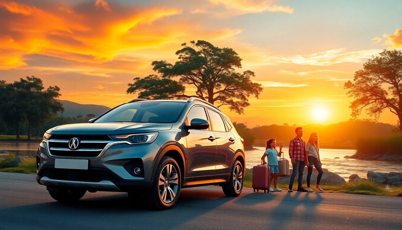 Kuching car hire adventure with a family near a scenic river at sunset