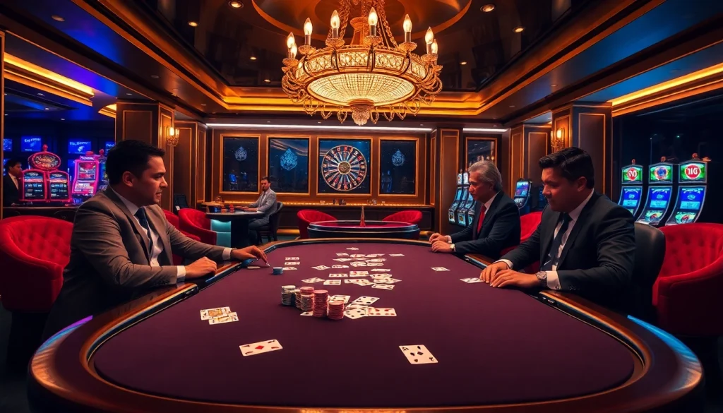 Engage in high-stakes poker at an opulent casino featuring LC88 branded chips and vibrant scene.