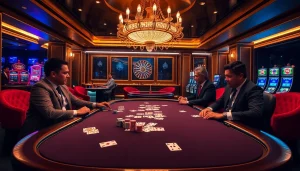 Engage in high-stakes poker at an opulent casino featuring LC88 branded chips and vibrant scene.