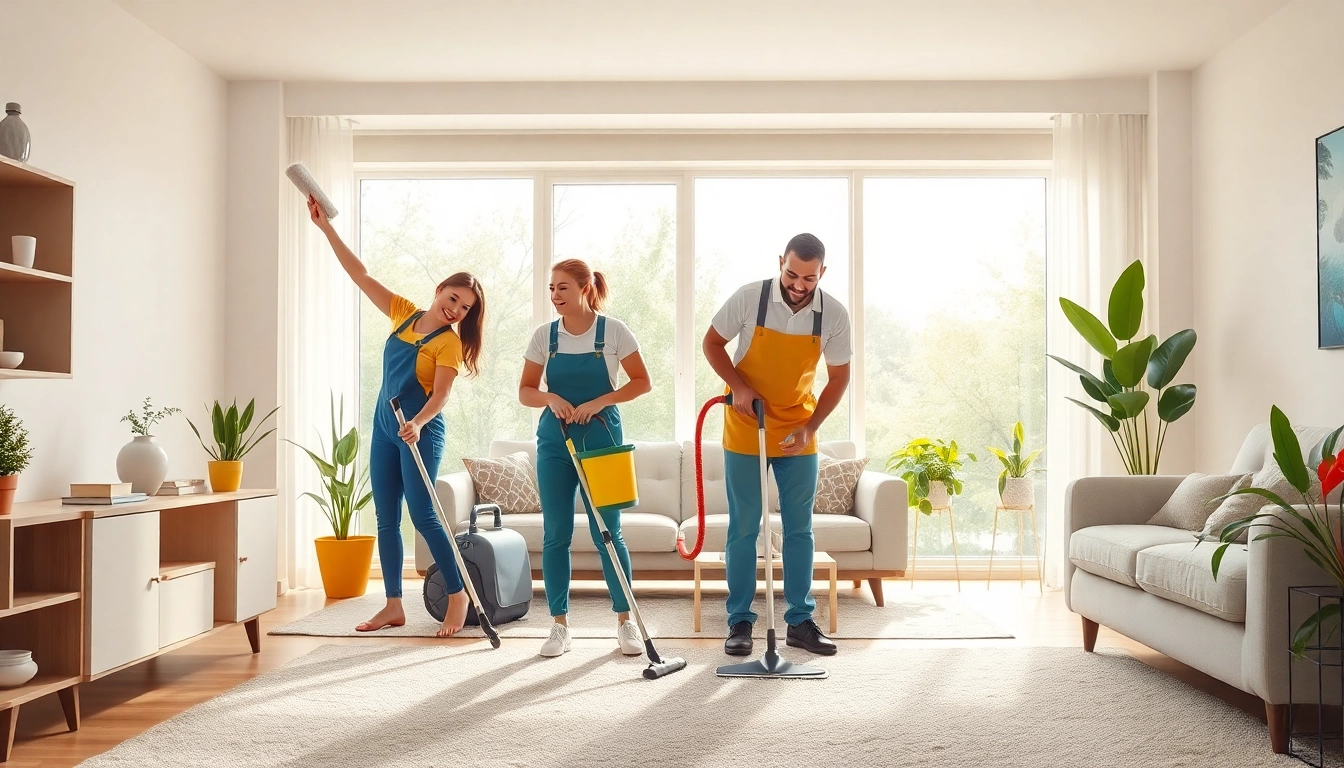 Team providing a professional cleaning service in a bright, modern living room with vibrant decor.