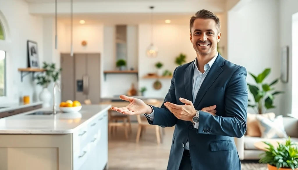 Real Estate agent presenting a beautiful home interior, inviting and bright atmosphere.