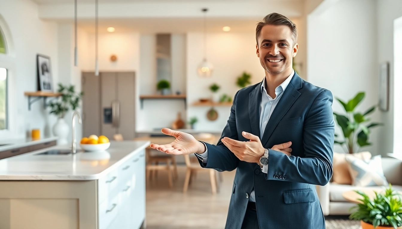 Real Estate agent presenting a beautiful home interior, inviting and bright atmosphere.
