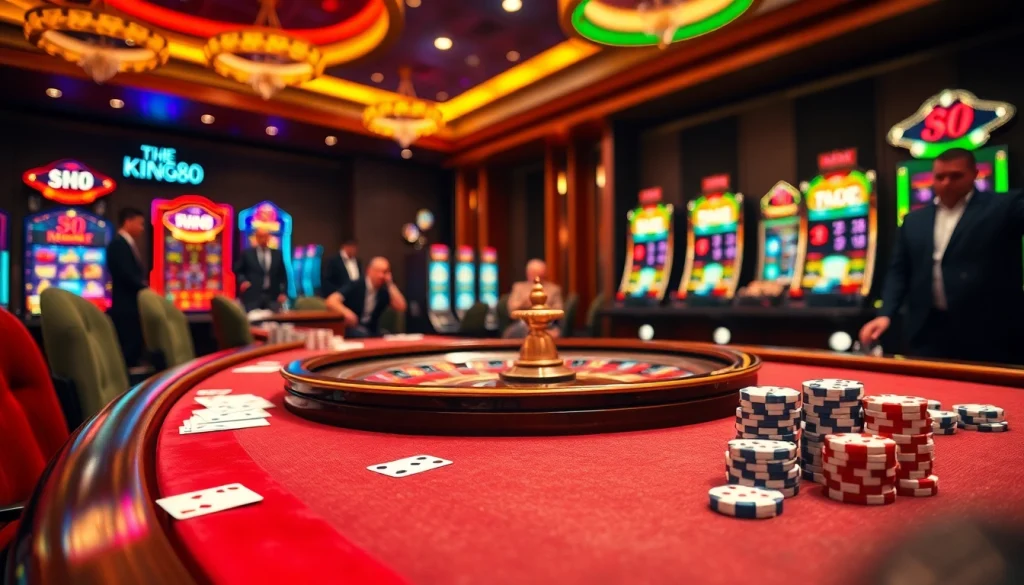 King88 gaming table showcasing cards and poker chips in a luxurious casino environment.