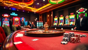 King88 gaming table showcasing cards and poker chips in a luxurious casino environment.