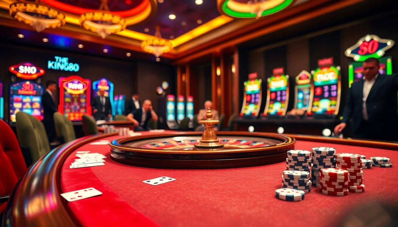 King88 gaming table showcasing cards and poker chips in a luxurious casino environment.