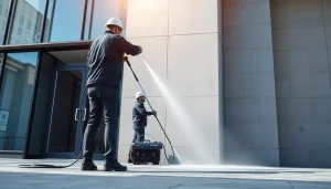 Nizkotlačno čiščenje fasade s strokovnjaki na sodobni stavbi, ki prikazuje učinkovite tehnike čiščenja.
