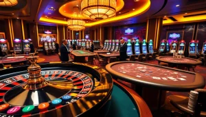 Experience high-stakes gaming at RR88 with vibrant casino tables and roulette wheels.