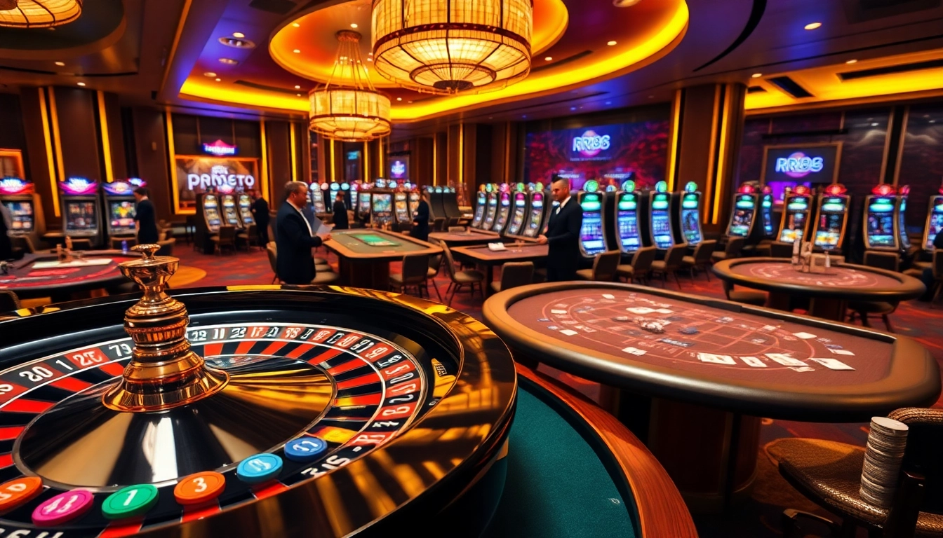 Experience high-stakes gaming at RR88 with vibrant casino tables and roulette wheels.