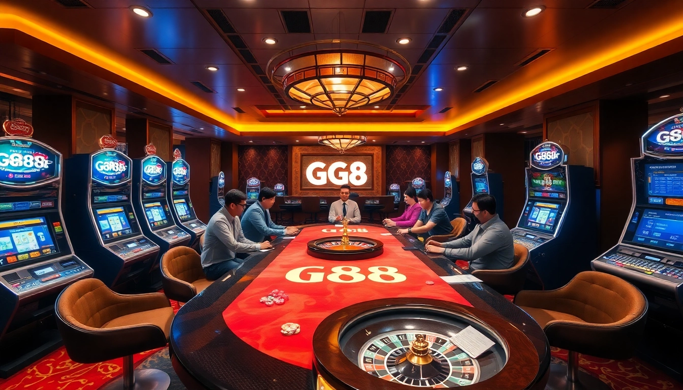 Experience excitement at GG 88's lively gaming table surrounded by slot machines and vibrant players.
