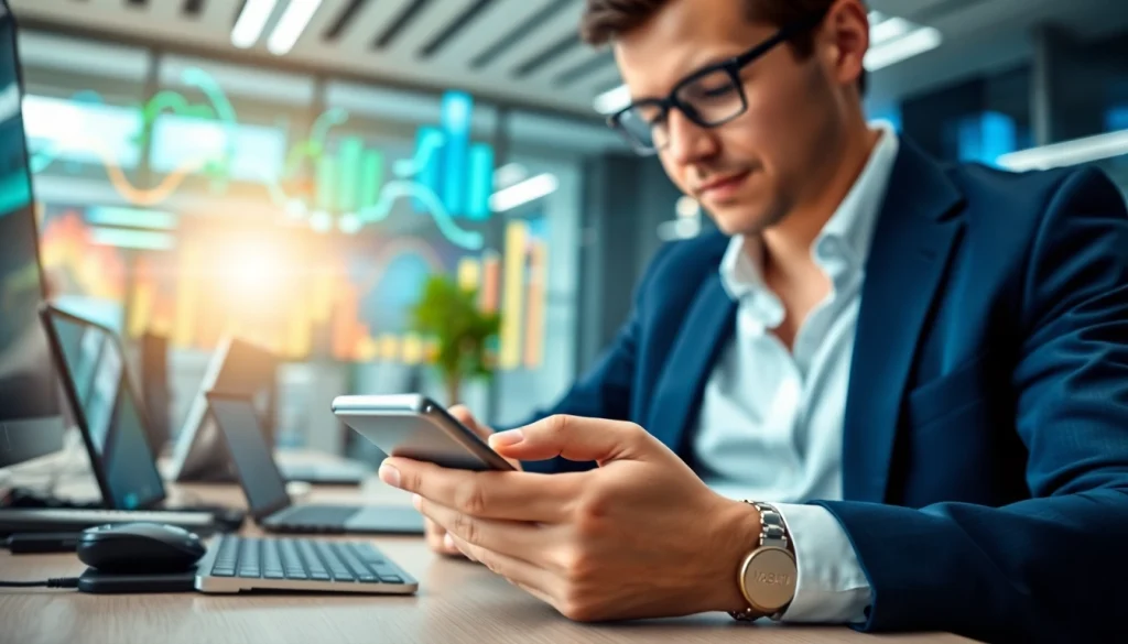 Engaging with mobile apps on a smartphone in a modern office setting.