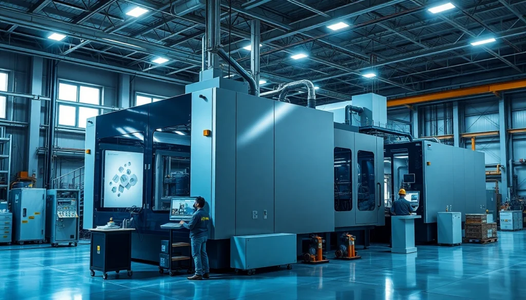 Large injection molding machine operating in a modern industrial factory setting, showcasing technological innovation.