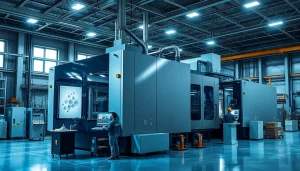 Large injection molding machine operating in a modern industrial factory setting, showcasing technological innovation.