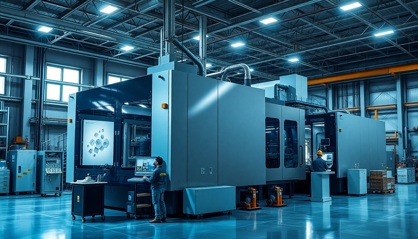 Large injection molding machine operating in a modern industrial factory setting, showcasing technological innovation.