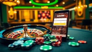 Experience the thrill of Đăng Ký Loto188 with an inviting casino scene featuring vibrant poker chips and a smartphone.