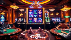 Engaging scene of online슬롯 gameplay with players celebrating wins at a vibrant casino table.