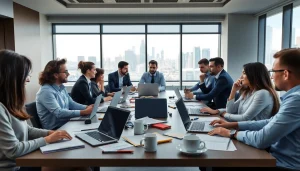 Engaging business meeting showcasing professionals collaborating in a modern workspace.