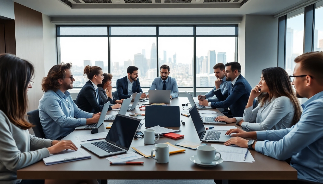 Engaging business meeting showcasing professionals collaborating in a modern workspace.