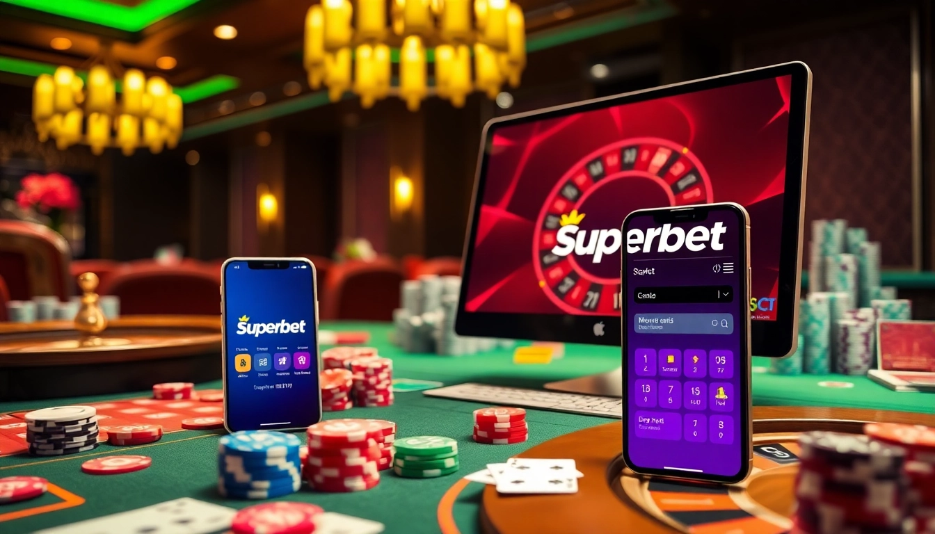 Engaging online gambling visual featuring Superbet app interface and poker elements