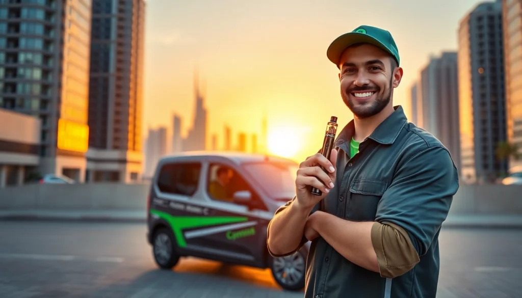 Delivering vape pen delivery Dubai with a cheerful courier in a modern urban setting.
