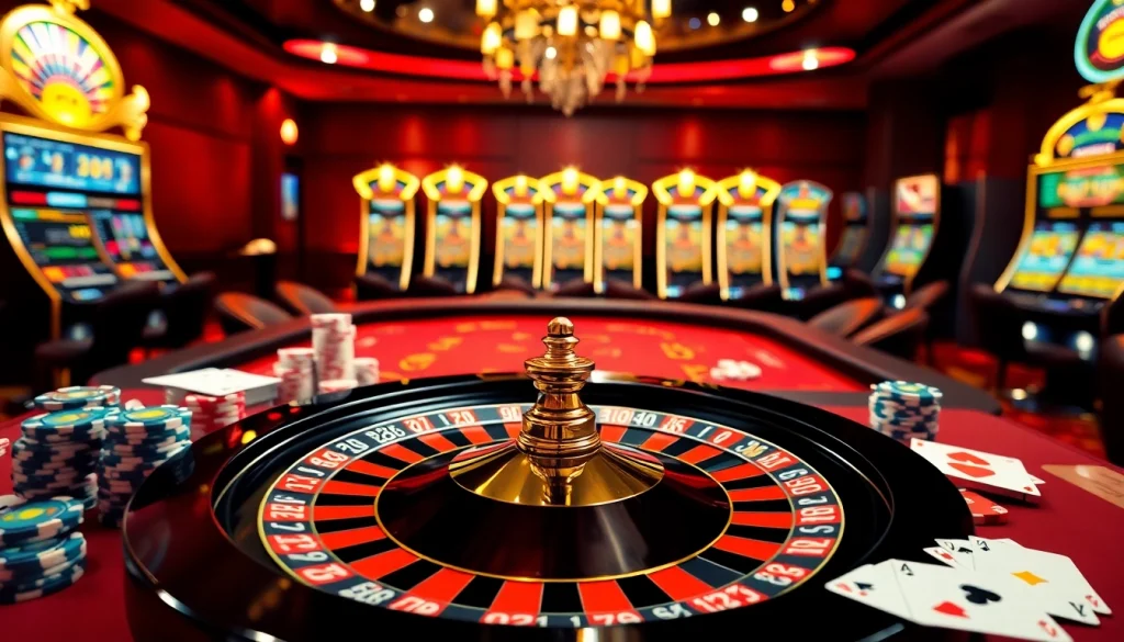 Nohu90 casino interface showcasing vibrant roulette wheels and poker chips in a luxurious setting.