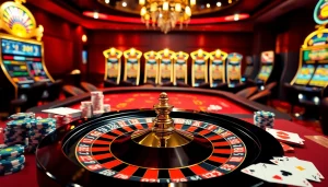 Nohu90 casino interface showcasing vibrant roulette wheels and poker chips in a luxurious setting.