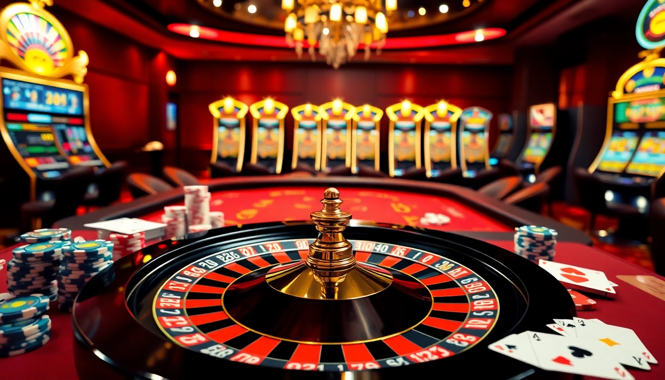 Nohu90 casino interface showcasing vibrant roulette wheels and poker chips in a luxurious setting.